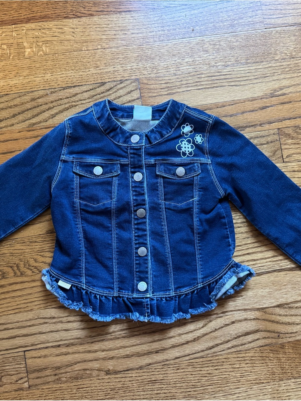 Boboli Girls 2T Dark Blue Denim Jacket with Ruffle Hem and Floral Accent